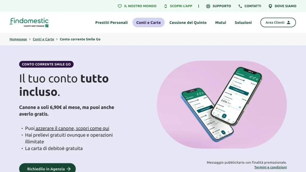 Schermata del sito di Findomestic Smile Go