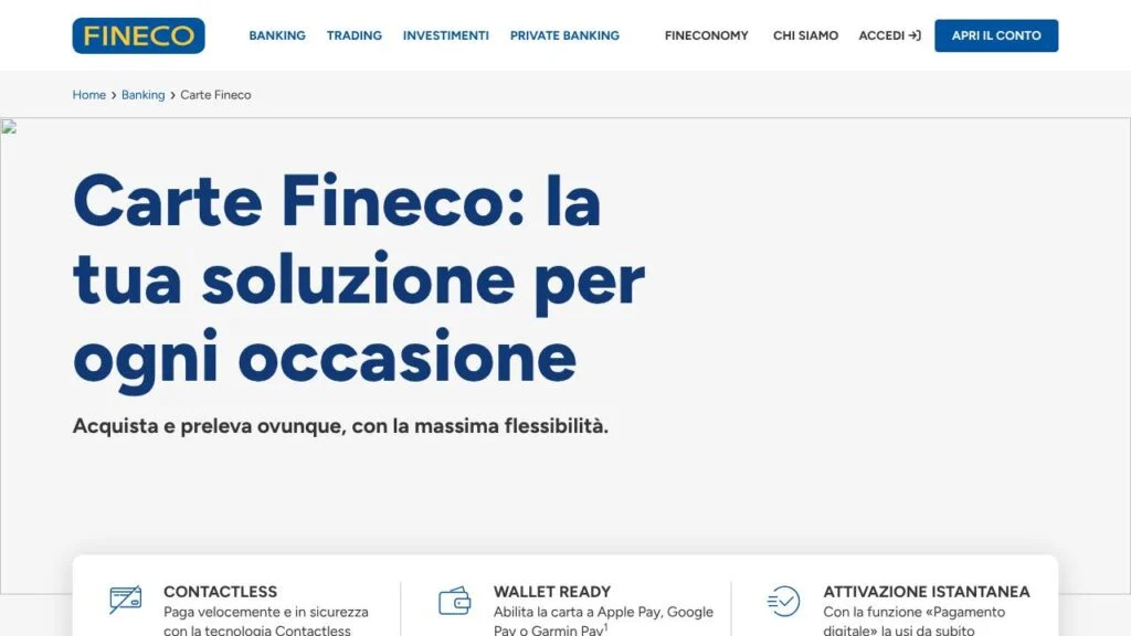 Schermata del sito di Fineco Credit Card