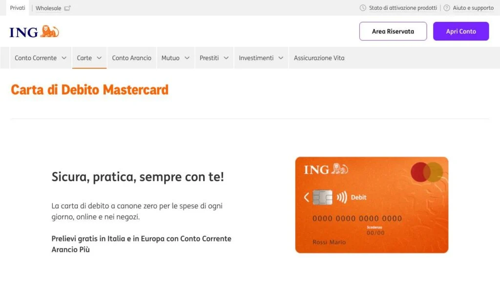 Schermata del sito di ING Debit