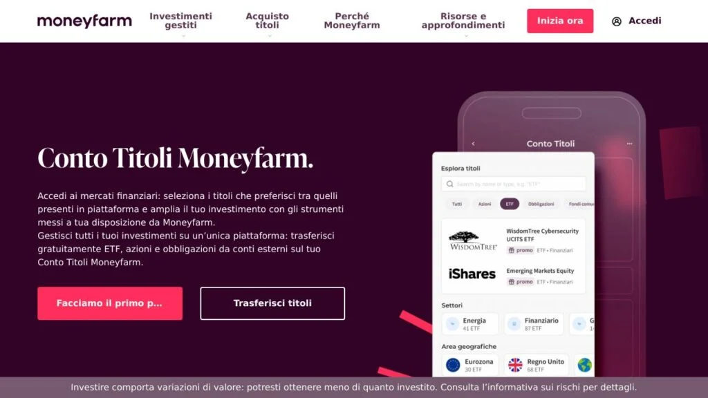 Schermata del sito di Moneyfarm Conto titoli