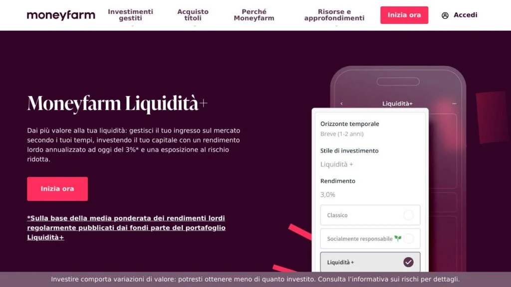Schermata del sito di Moneyfarm Liquidità+