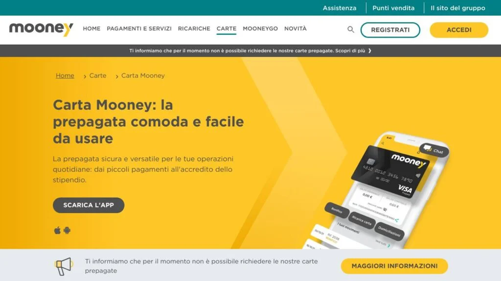 Schermata del sito di Carta Mooney