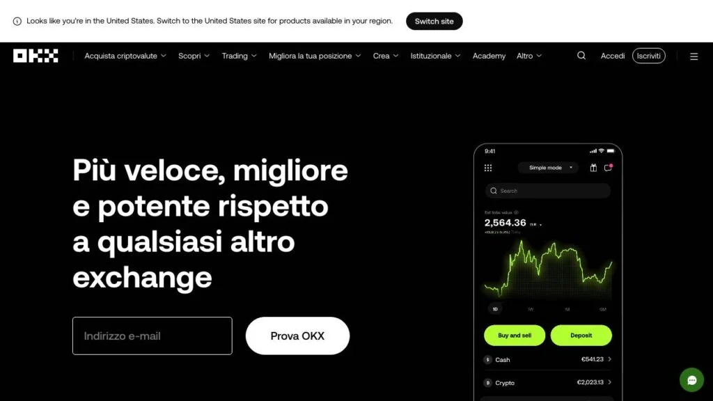 Schermata del sito di OKX