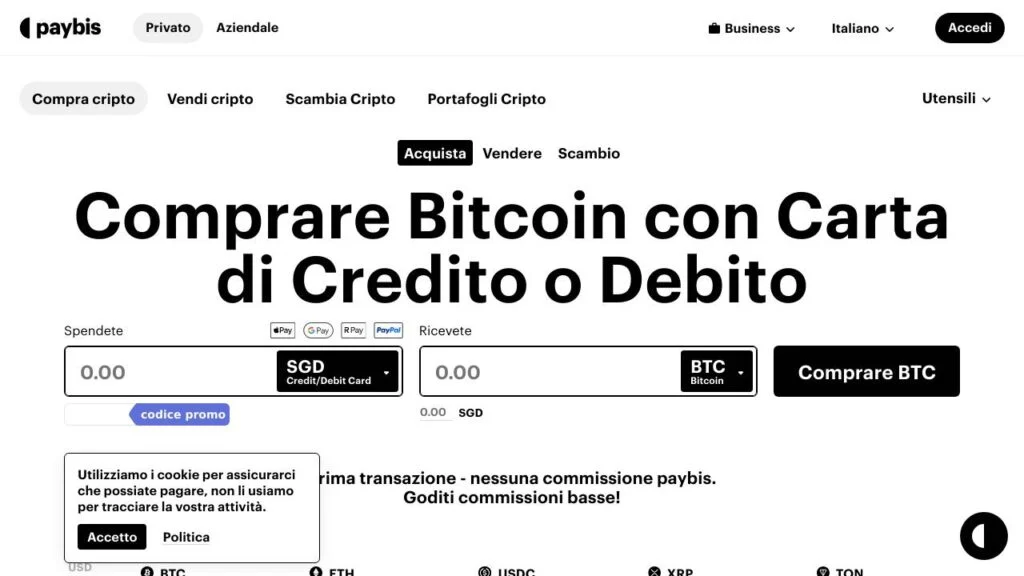 Schermata del sito di Paybis