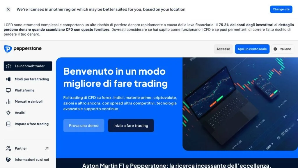 Schermata del sito di Pepperstone