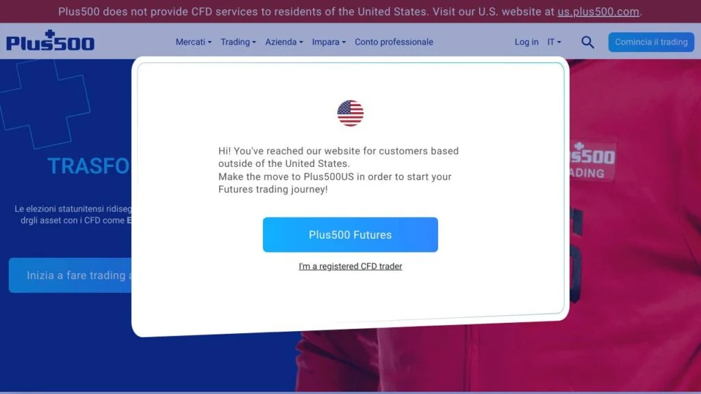 Schermata del sito di Plus500