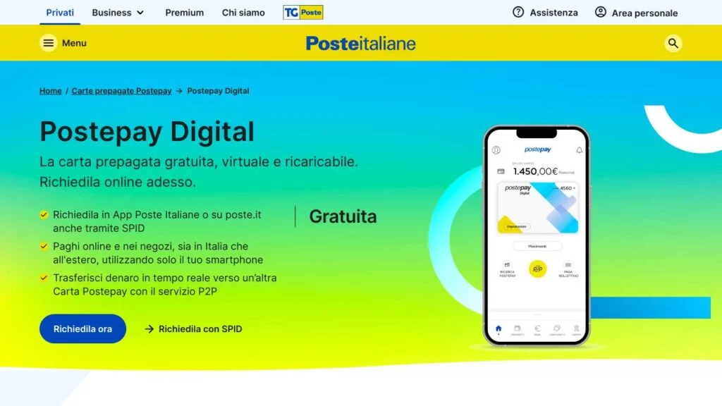 Schermata del sito di Postepay Digital