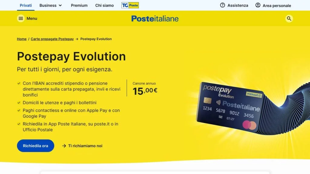 Schermata del sito di Postepay Evolution