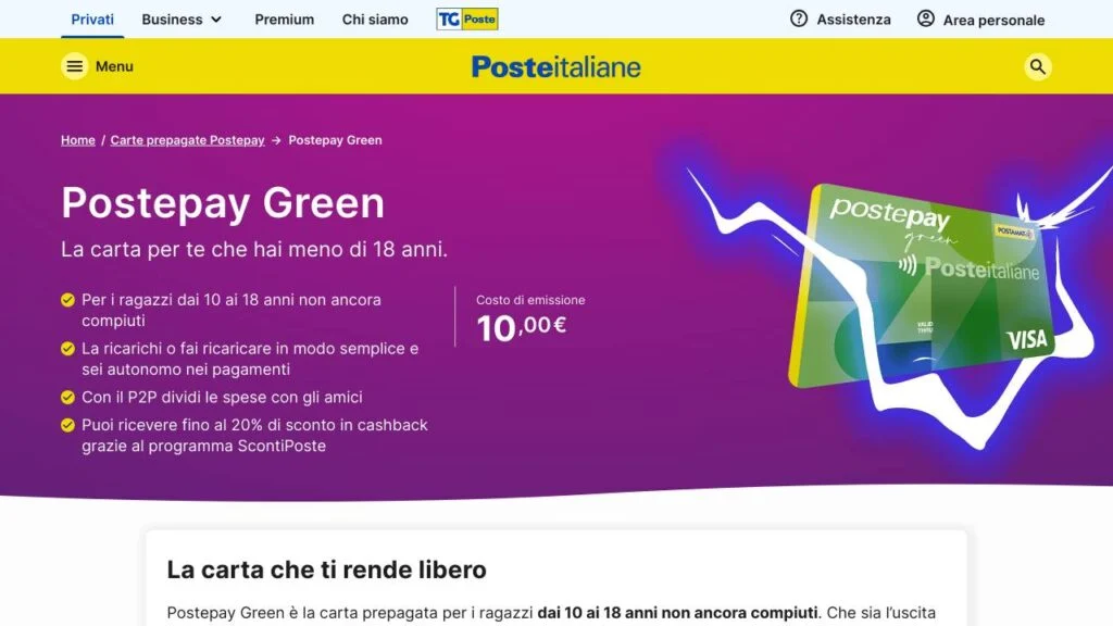 Schermata del sito di Postepay Green