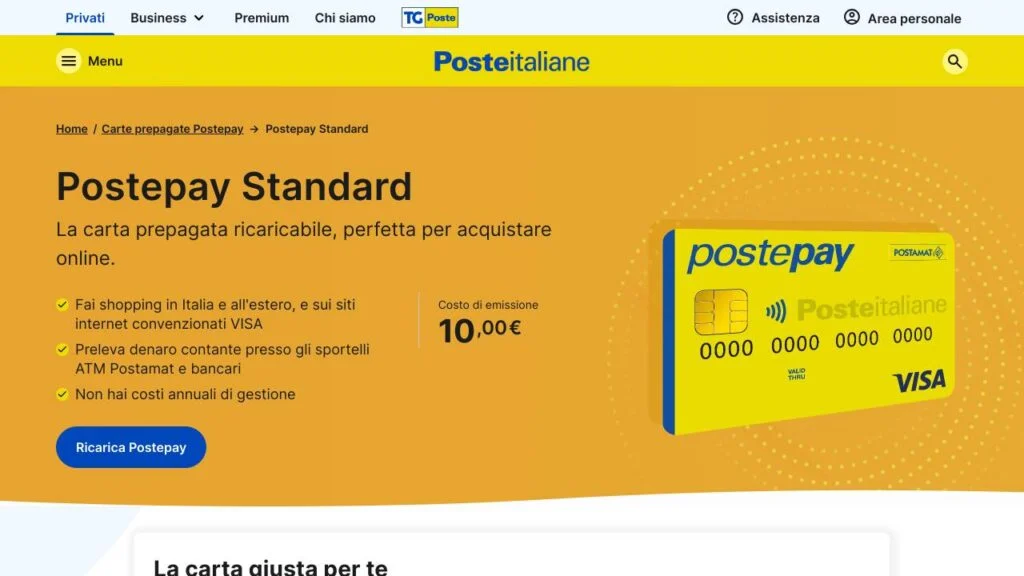 Schermata del sito di Postepay Standard