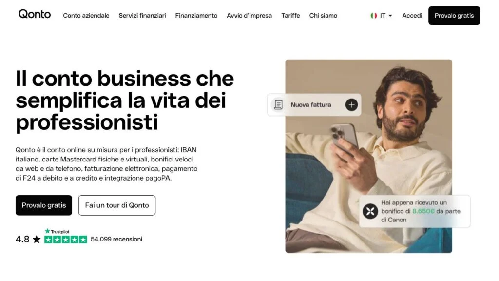 Schermata del sito di Qonto Basic