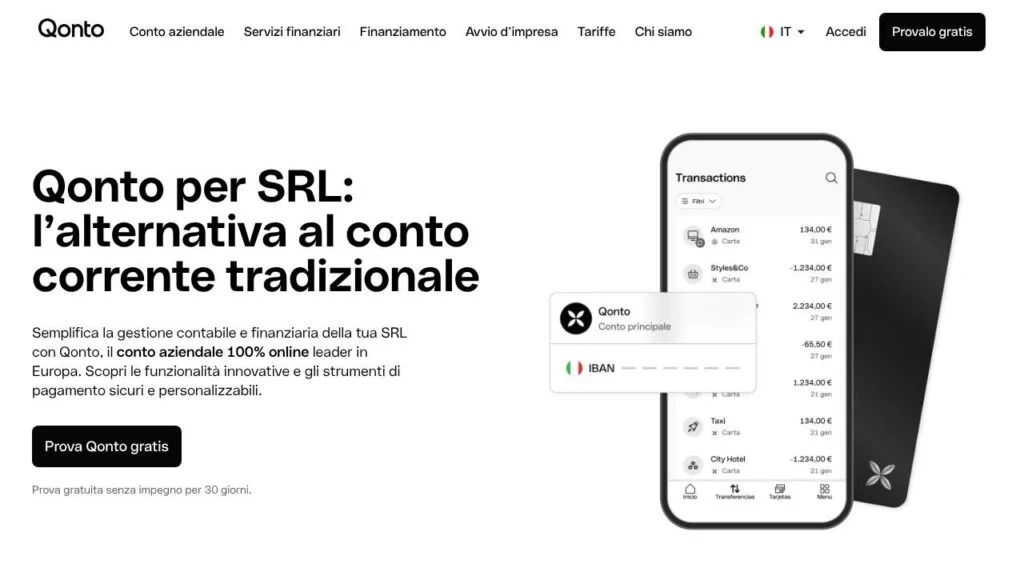 Schermata del sito di Qonto Business