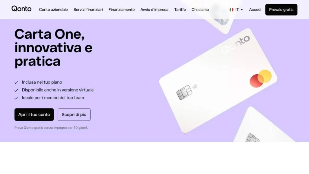Schermata del sito di Qonto Carta One
