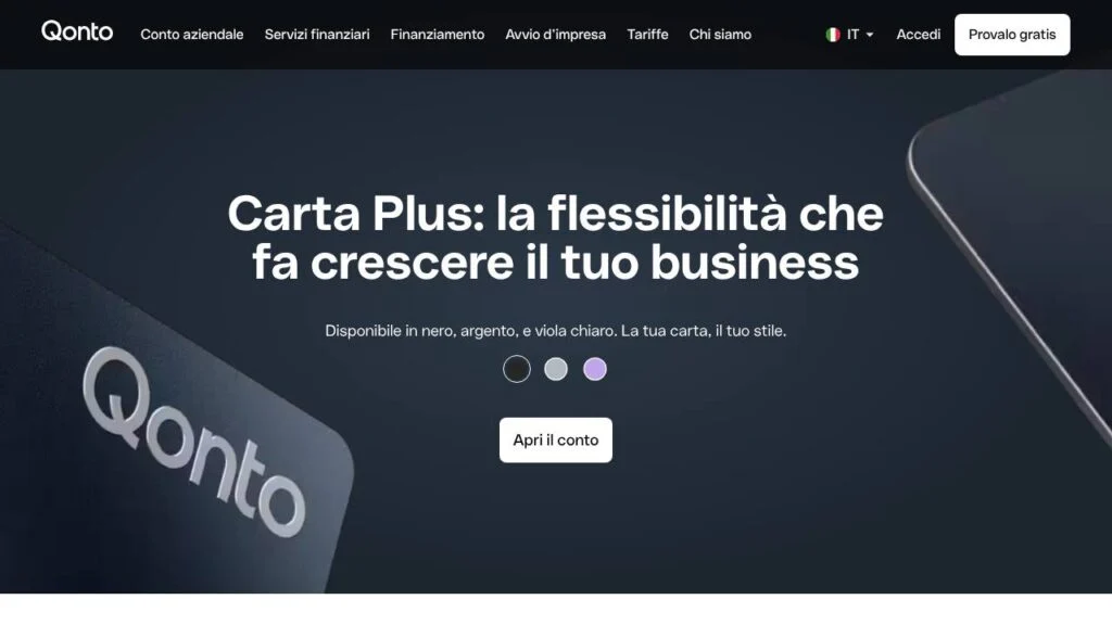 Schermata del sito di Qonto Carta Plus