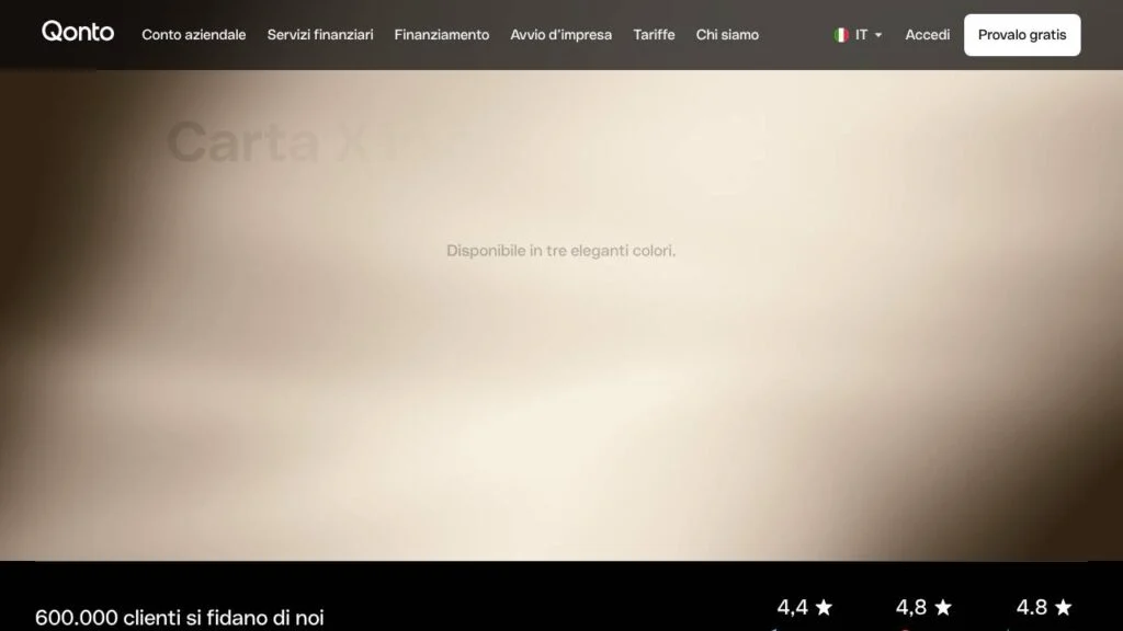 Schermata del sito di Qonto Carta X