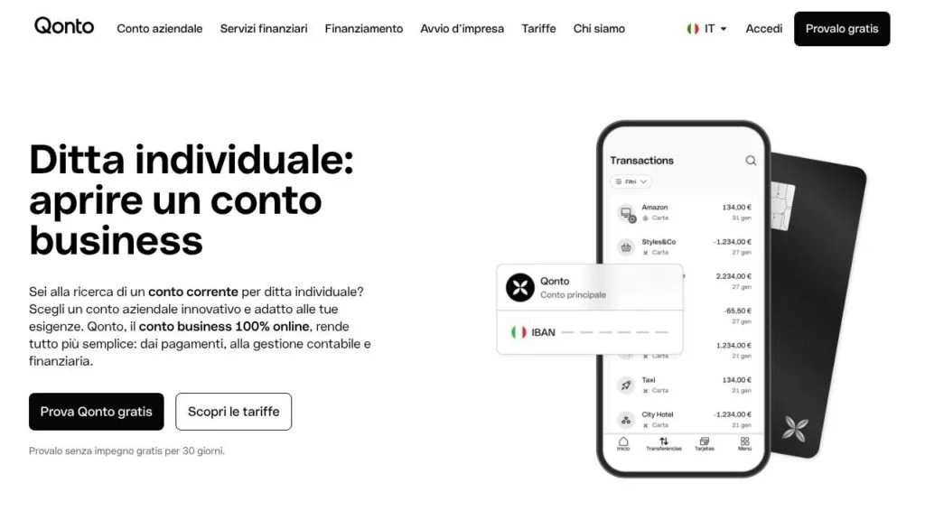 Schermata del sito di Qonto Premium