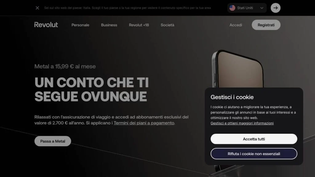 Schermata del sito di Revolut Metal