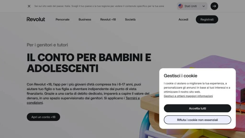 Schermata del sito di Revolut minori