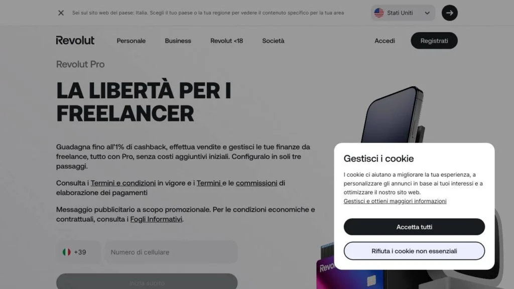Schermata del sito di Revolut Pro
