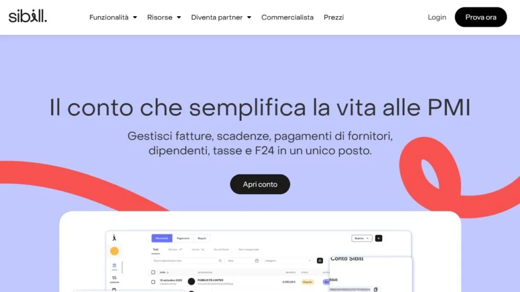 Schermata del sito di Sibill conto business