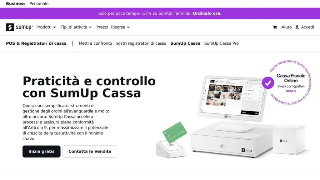 Schermata del sito di SumUp Cassa
