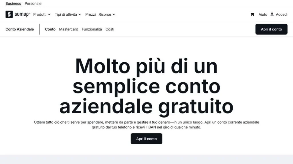 Schermata del sito di Conto aziendale SumUp