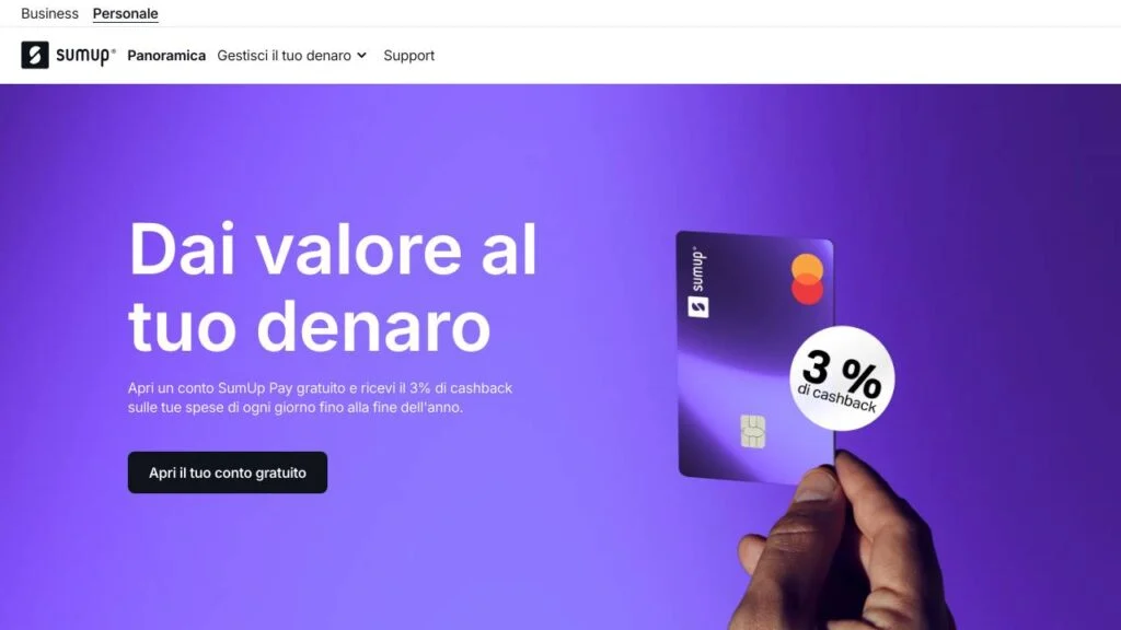 Schermata del sito di Conto personale SumUp