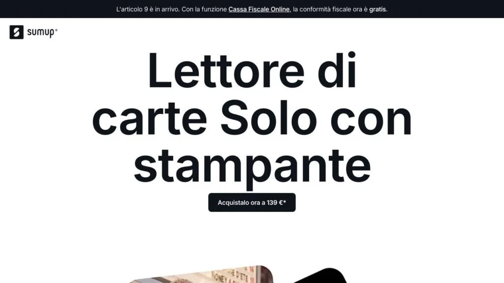 Schermata del sito di SumUp Solo + stampante