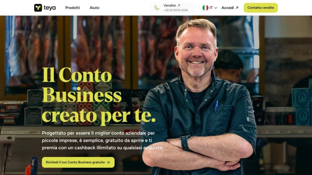 Schermata del sito di Conto business Teya