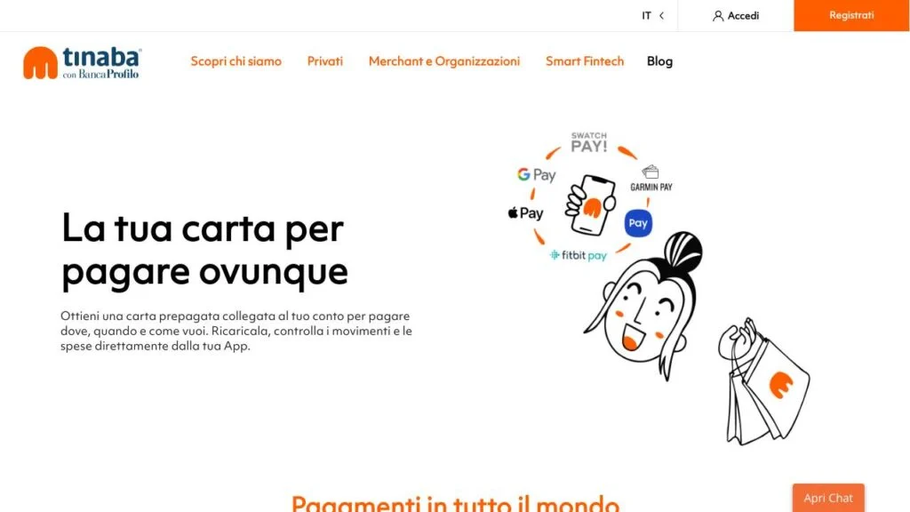 Schermata del sito di Tinaba prepagata