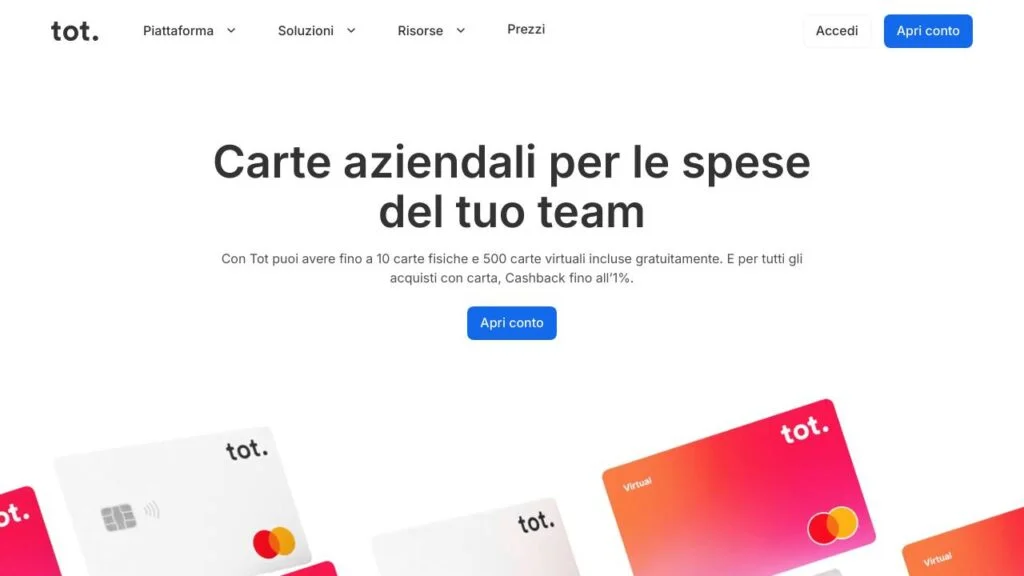 Schermata del sito di Carta di debito Tot