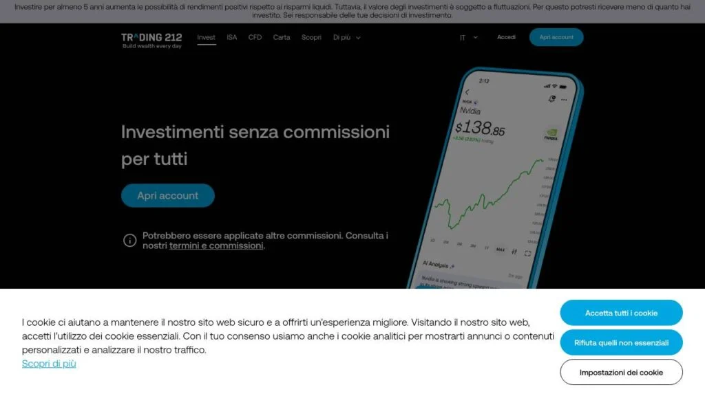 Schermata del sito di Trading 212