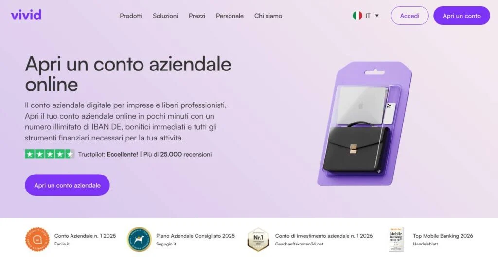 Schermata del sito di Vivid Money Business carta