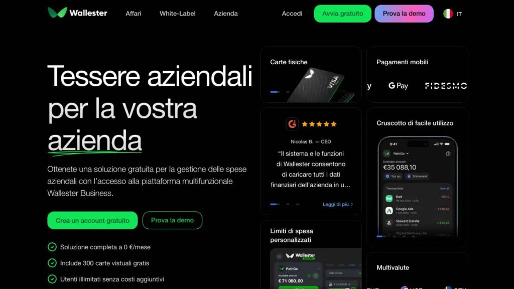 Schermata del sito di Wallester Carta